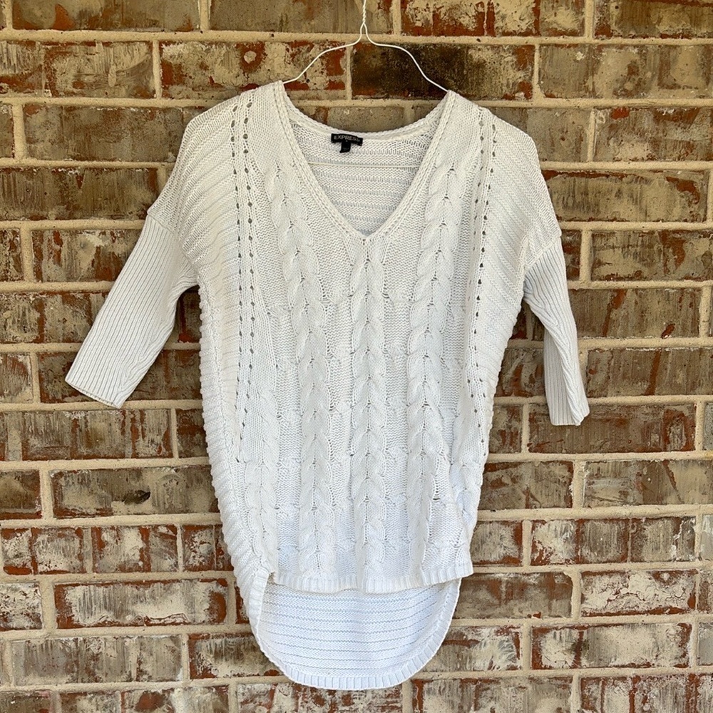 Express White V-Neck Cable Knit High‎ Low Sweater